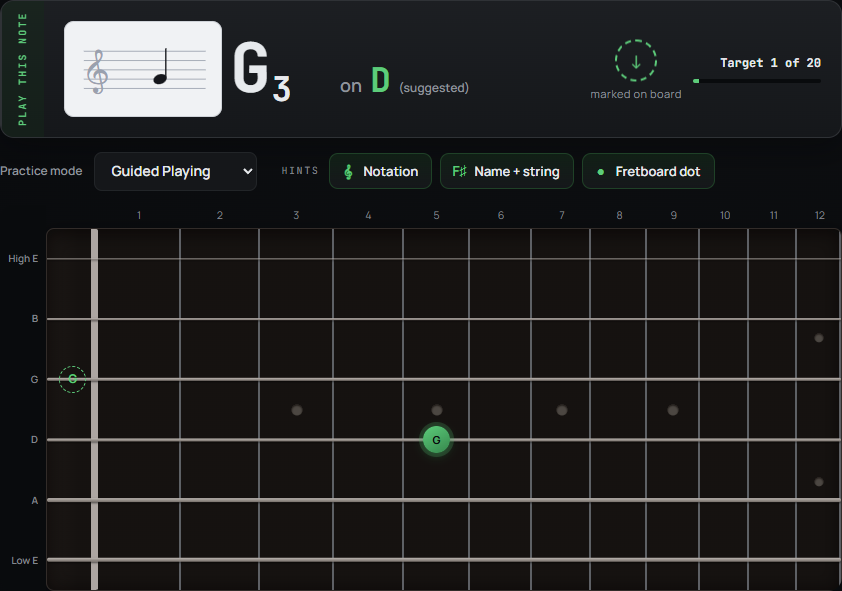 Guided Playing screen showing a target note and its marked fretboard position.