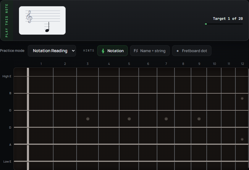 Notation Reading practice screen showing a staff note without a note-name or fretboard-dot hint.