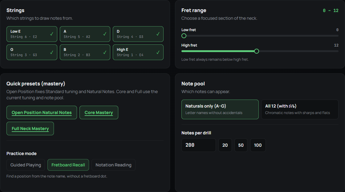 Configure Session showing string, fret-range, note-pool, and mastery controls.